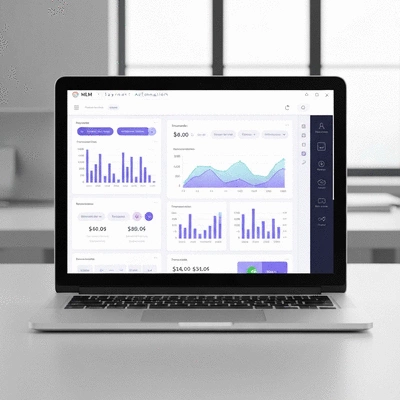 MLM payment automation dashboard on a laptop
