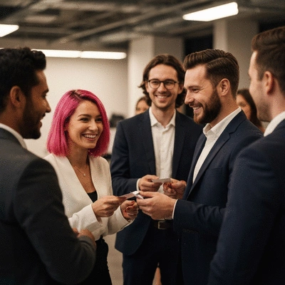Diverse group of people networking at a business event, smiling and exchanging cards