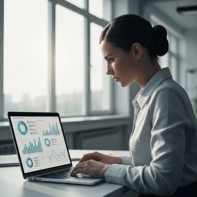 Person analyzing marketing data on a laptop with charts and graphs