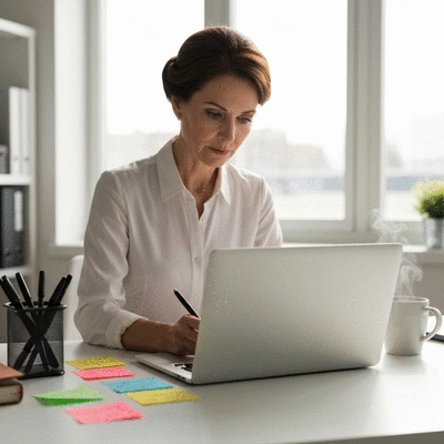 Person planning content strategy on a laptop, surrounded by notes and coffee