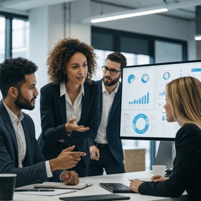 Diverse group of people collaborating on a digital marketing strategy, looking at data on a screen