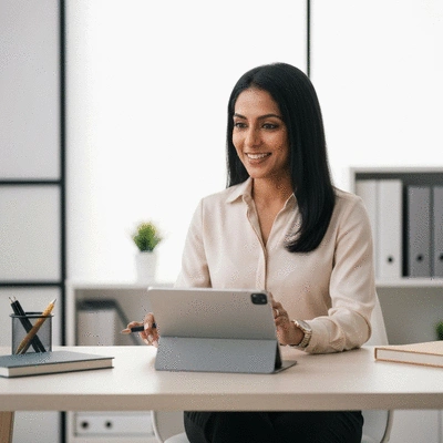 MLM business owner using various social media automation tools on a tablet, with a bright, clean background