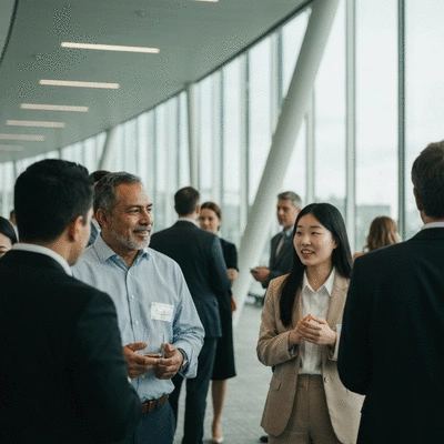 Diverse group of people networking at a business event, representing channel diversification and lead generation