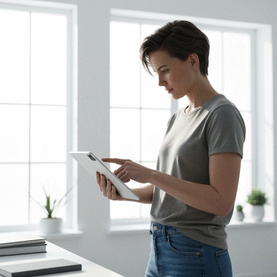 Person using a tablet to manage an MLM business with digital automation tools, clean image