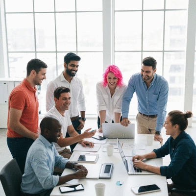 Diverse group of people collaborating happily in a modern office environment, symbolizing MLM success