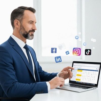 MLM business owner scheduling social media posts on a laptop, with various social media icons floating around