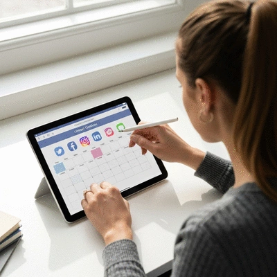 Person planning a content calendar on a tablet, showing social media icons and a schedule