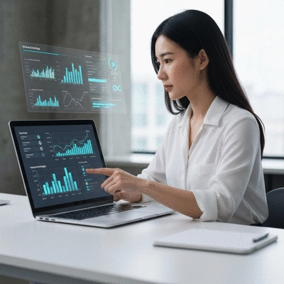 Person interacting with an AI interface on a laptop, showing data and insights