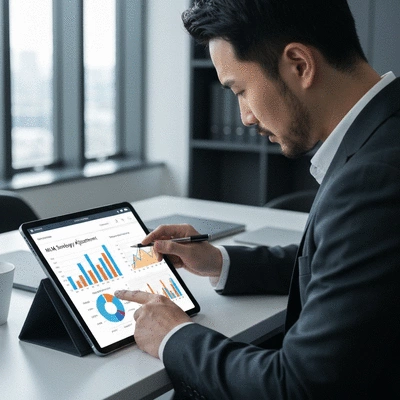 Person analyzing data on a tablet with charts and graphs, representing MLM strategy adjustment