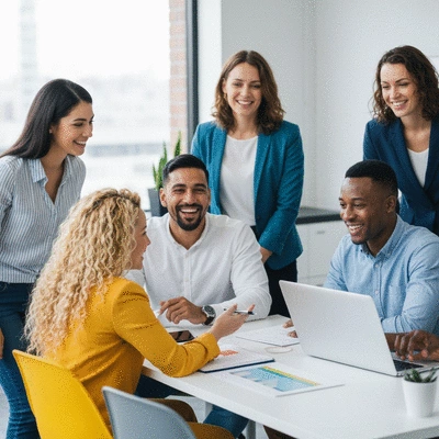 Diverse group of people collaborating in a modern office setting, representing a successful MLM team