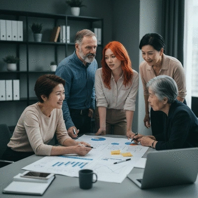 Diverse group of people collaborating on a video marketing strategy, looking at a whiteboard with graphs and ideas