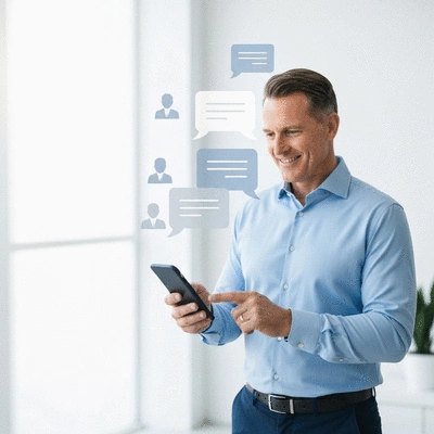 Person using a messaging app on a smartphone, with icons representing conversation and lead generation in MLM