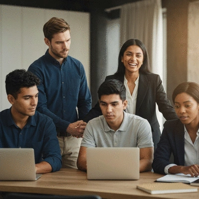 Diverse team members collaborating and supporting each other in a professional setting