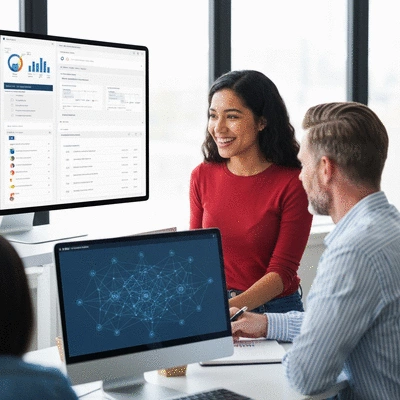 Modern office setting with diverse team collaborating on CRM and MLM software on digital screens, showing data and networking. No text, no words, no typography, 8K.