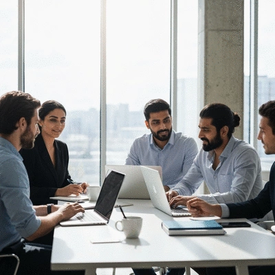 MLM business meeting with diverse individuals collaborating around a table with laptops, clean image