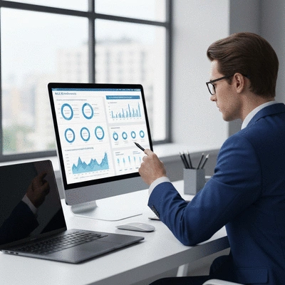 Person analyzing a dashboard with various MLM content marketing metrics displayed, clean image