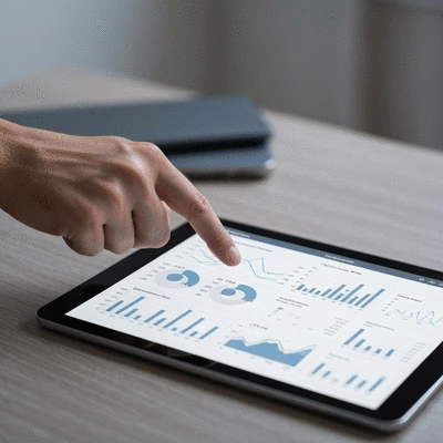 Close-up of a hand pointing at a tablet screen displaying various marketing metrics, no text, no words, no typography, 8K, clean image