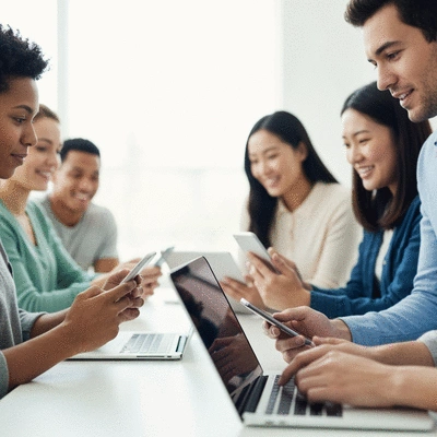 Diverse group of people interacting on social media platforms on various devices, representing MLM lead generation and community building