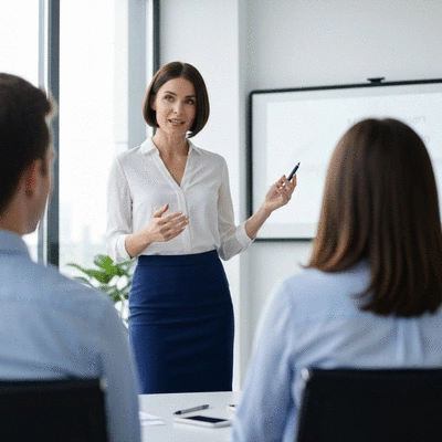 Professional businesswoman confidently presenting to a diverse group in a modern office setting, representing MLM direct selling
