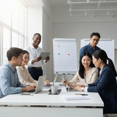 MLM team members collaborating in a modern office setting, diverse group, positive atmosphere, no text, no words, no typography, clean image