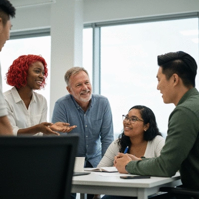 Diverse team members collaborating happily in a modern office environment