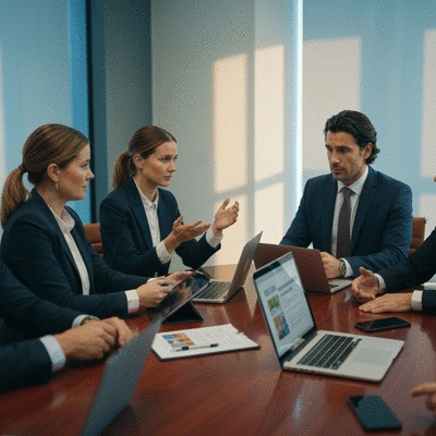 Professional diverse group of people collaborating on laptops and tablets, representing ethical marketing and compliance in MLM