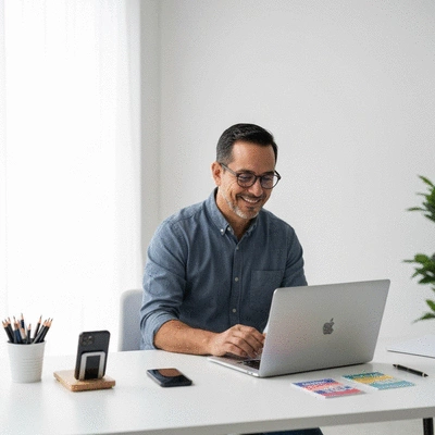 Person creating engaging content for social media on a laptop, surrounded by influencer marketing tools