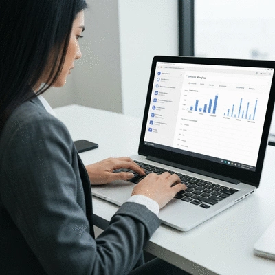Person using a CRM software on a laptop, showing data and analytics, clean modern interface, no text, no words, no typography, clean image