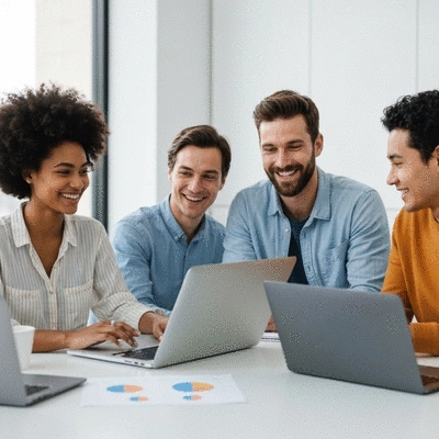 Diverse group of people collaborating on laptops and tablets in a modern, bright virtual meeting setting, smiling and engaged, no text, no words, no typography, 8K