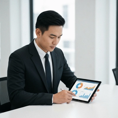 Business professional analyzing data on a tablet, representing data-driven decision making. No text, no words, no typography, 8K.