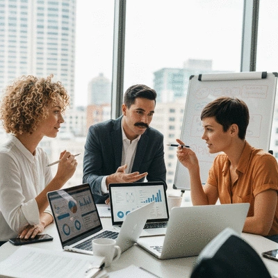 Diverse team collaborating on a digital marketing strategy, using laptops and whiteboards