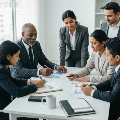 Group of diverse business people collaborating around a table, discussing strategy with charts and notes