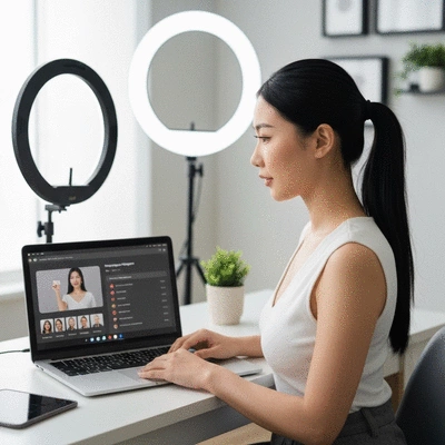 Person creating video content for MLM on a laptop with a ring light, showing engagement metrics on screen