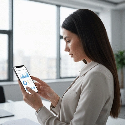 Person using a mobile app with network marketing graphs and charts on screen