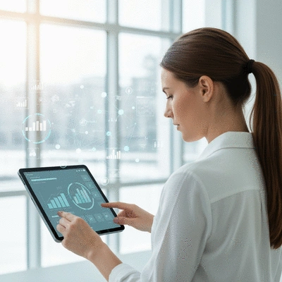 Person using a modern digital tablet to manage an MLM team, with abstract network connections in the background
