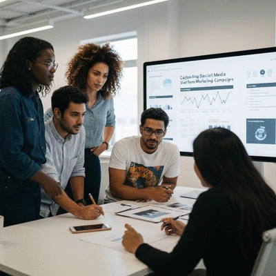 Diverse group of people in a modern office collaborating on a short-form video marketing strategy, looking at a large screen displaying social media analytics and ideas. No text, no words, no typography, 8K, clean image.