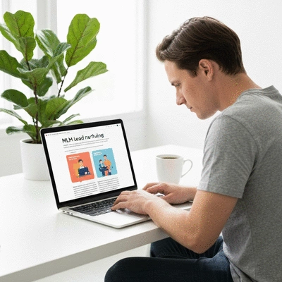 Person using a laptop, showing a blog post about MLM lead nurturing, with a plant and coffee cup on the desk. Bright, clean background.