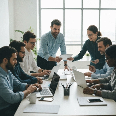 Diverse group of people collaborating around a table, using laptops and tablets, with a focus on teamwork and digital integration