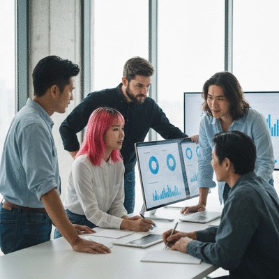 Diverse group of people collaborating on a digital marketing strategy, light and modern office environment, clean image, no text, no words, no typography, 8K