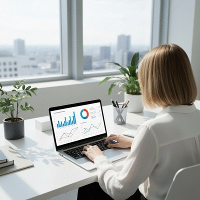 Person analyzing conversion rate data on a laptop, with charts and graphs