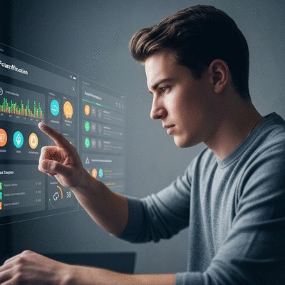 Person interacting with a digital interface showing gamification elements like points, badges, and leaderboards
