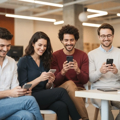 Diverse group of people engaging with online reviews on various devices, symbolizing community and shared experiences in MLM