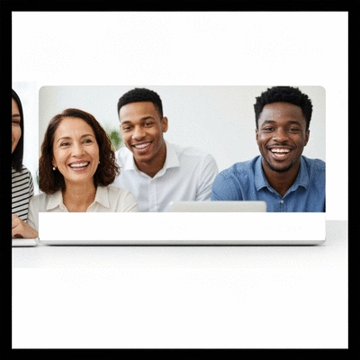 Diverse group of professionals collaborating virtually on a video call, smiling and engaged, representing remote MLM team management, no text, no words, no typography, 8K