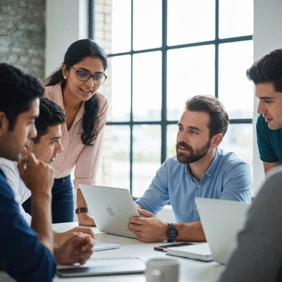 Diverse group of professionals collaborating in a modern office environment