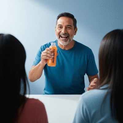 Influencer showcasing a product with a diverse audience in the background, clean image