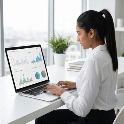 Person analyzing website visitor data on a laptop, showing charts and graphs