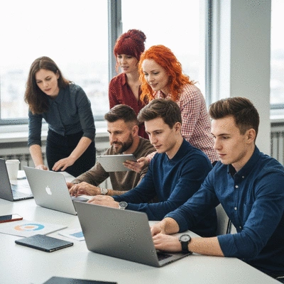 Diverse group of people collaborating on laptops and tablets in a modern office, representing digital team building in MLM