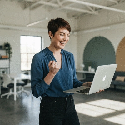 Woman happily engaging with her laptop, celebrating a successful MLM lead conversion, bright and modern office setting.