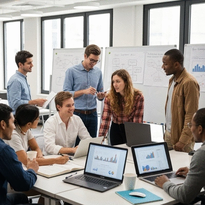 Diverse group of people collaborating and learning in a modern office setting