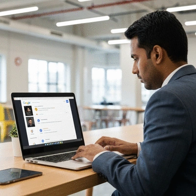 MLM entrepreneur using Google Business Profile on a laptop to attract leads, professional setting